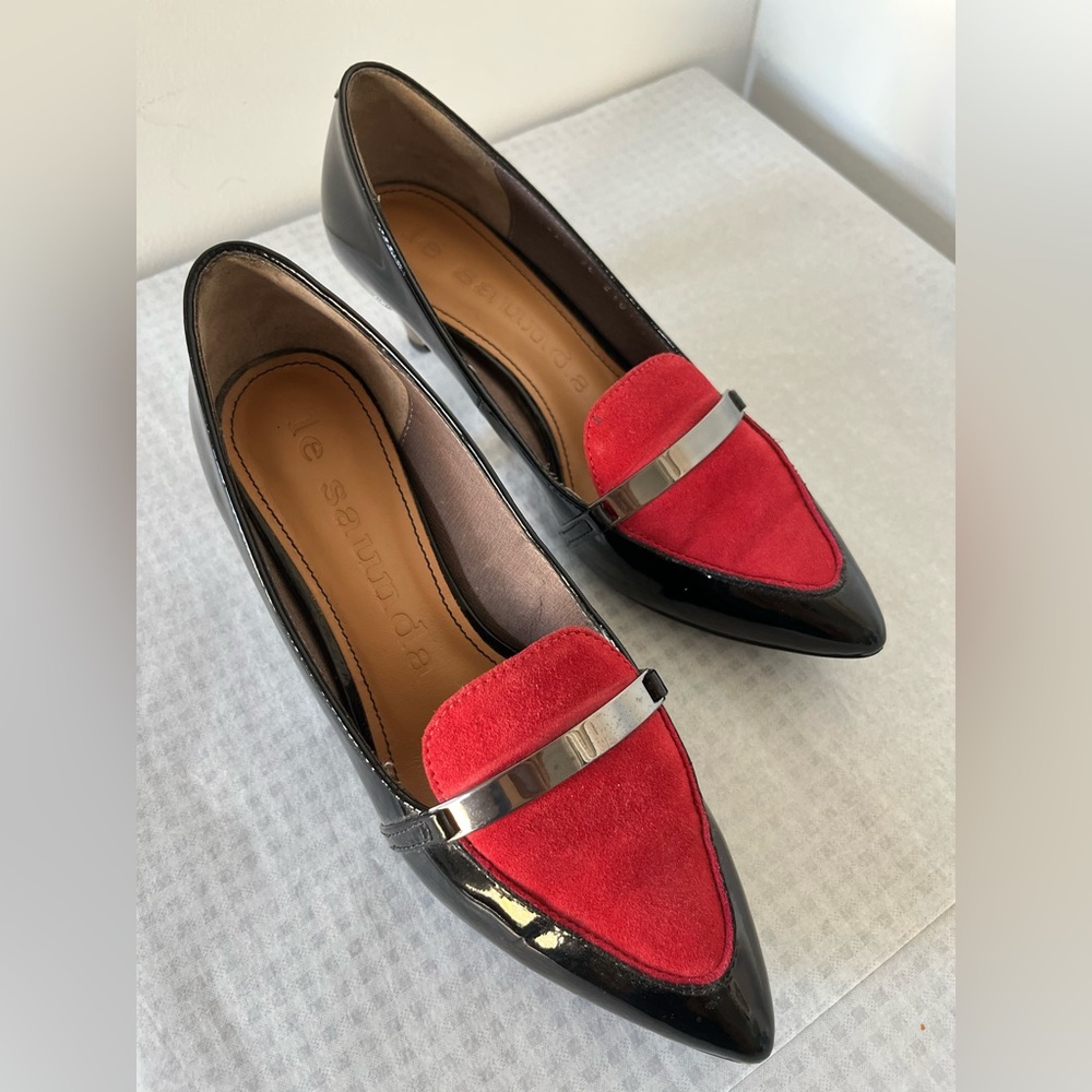 Vintage Le Saunda Pointy Black Patent and Red Suede Pumps Heels 36 ~ Size 6